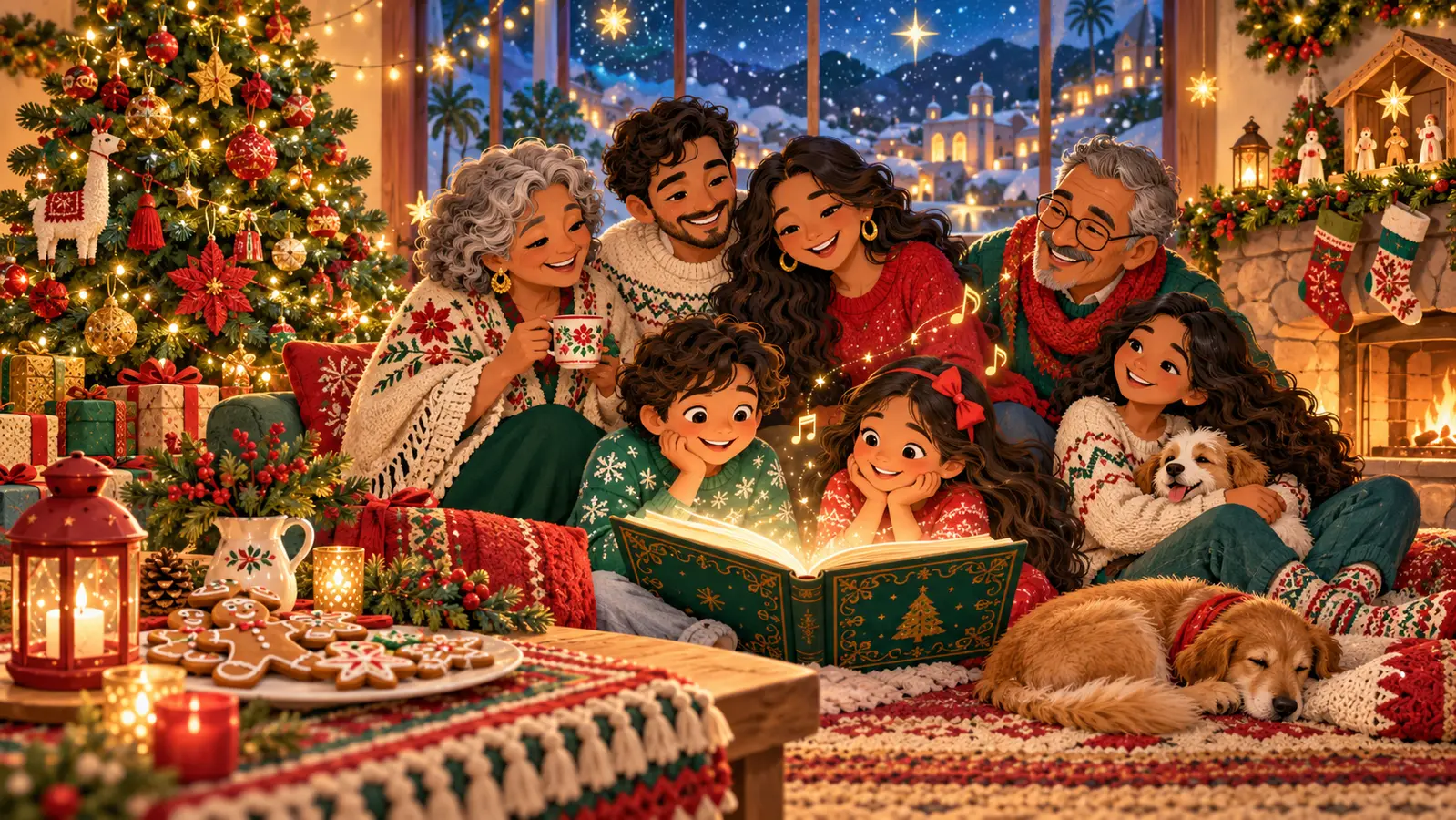 Familia reunida junto al árbol de Navidad leyendo un libro
